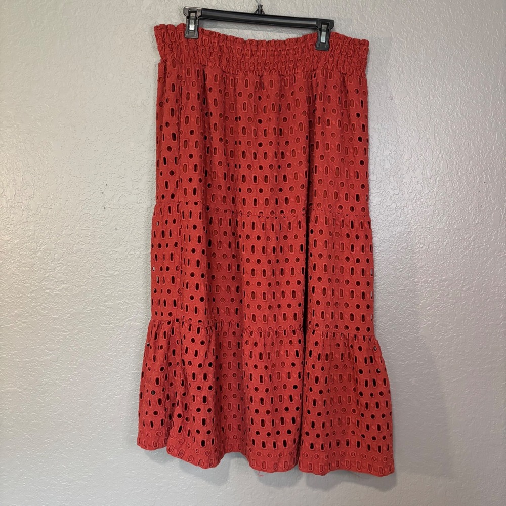 Anthropologie Red Eyelet Tiered Midi Skirt Smocked Waist Boho XL